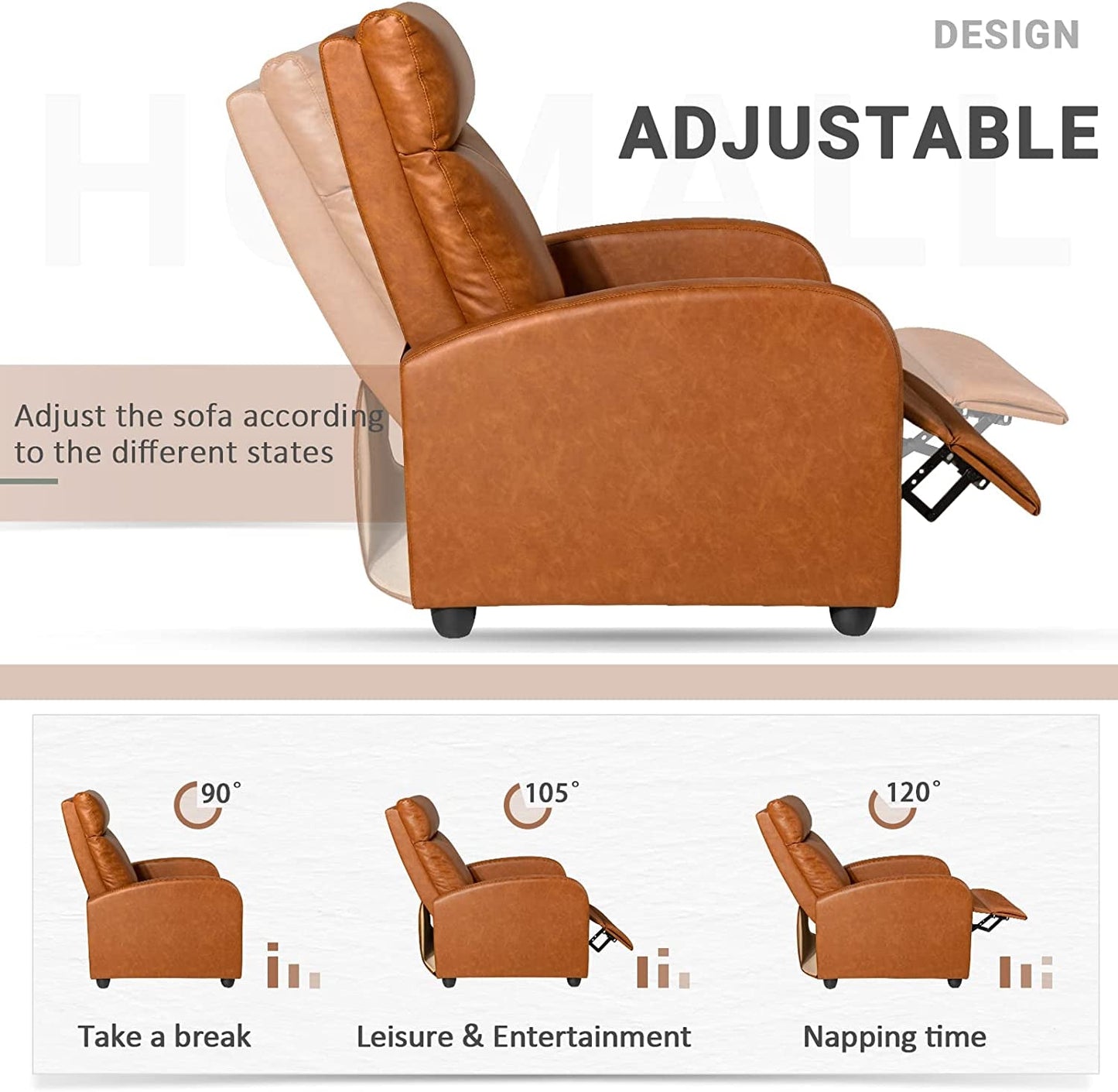 Padded Seat Leather Recliner Chair (Khaki)-4