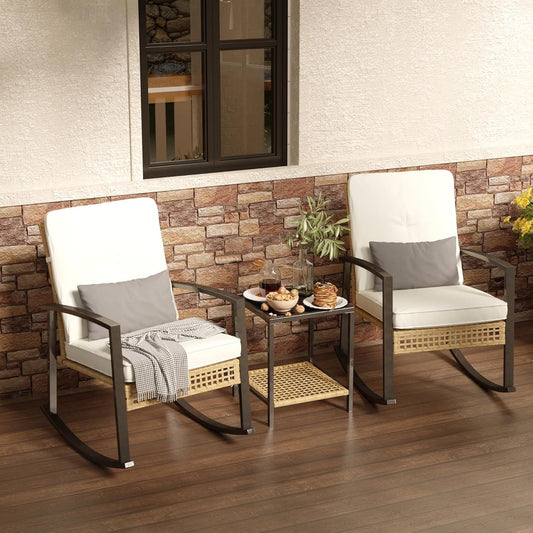 3 Piece Patio Rocking Chairs Set of 2, Outdoor Rocking Chair Bistro Set with Tempered Glass Coffee Table and Thick Lumbar Pillow Set, Front Porch Chairs for Garden, Backyard, Poolside (Beige)-0
