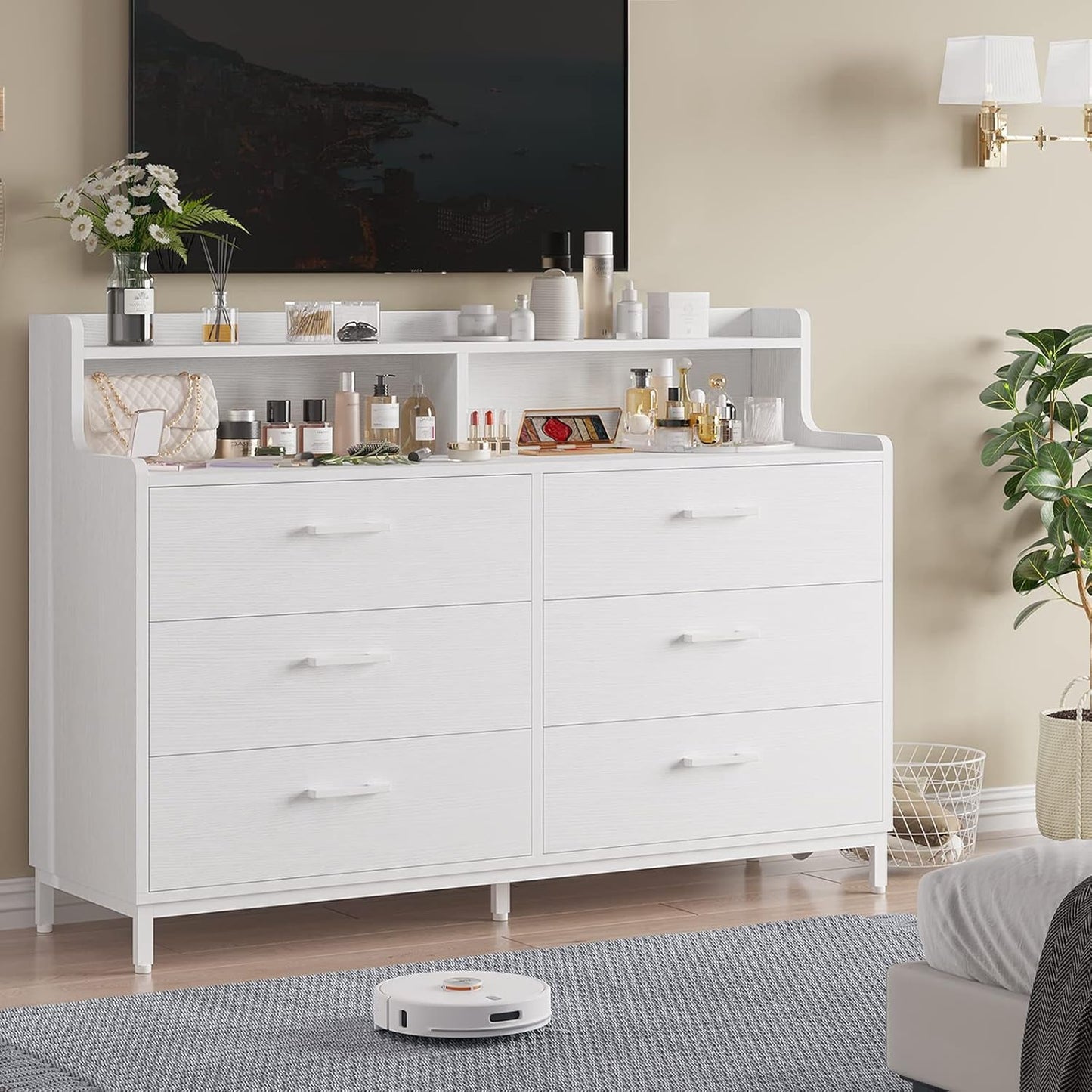 White Dresser for Bedroom with 6 Drawers and Storage Shelves, Wide Chest of Drawers with Sturdy Steel Legs, Large Wooden Storage Tower Dresser Organizer, Dresser for Bedroom, Clost, Entryway-0