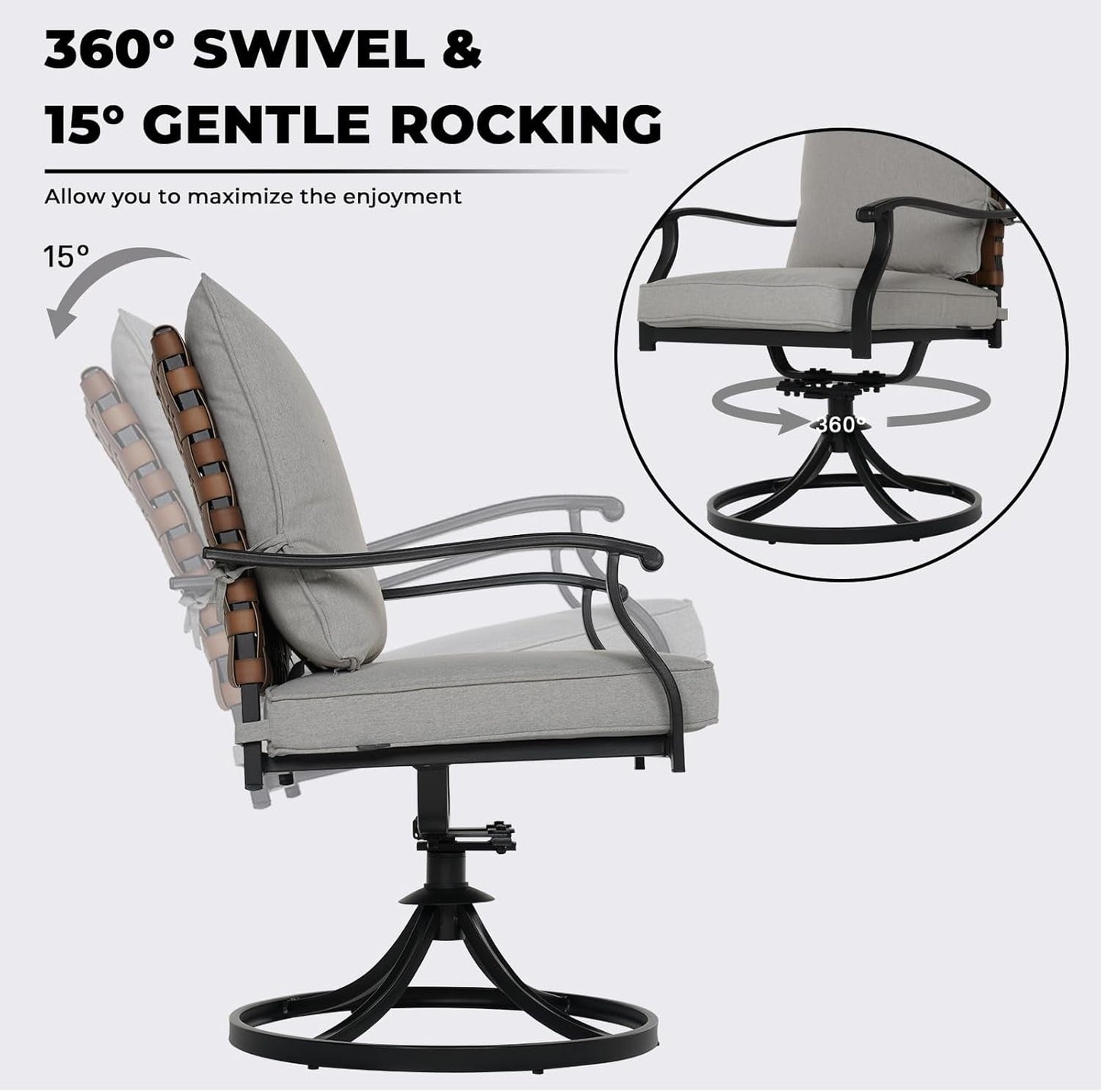 5-Piece Outdoor Dining Set, 4 Leather-Look Wicker Swivel Patio Chairs & 1 Square Woodgrain Dining Table, Brown-2