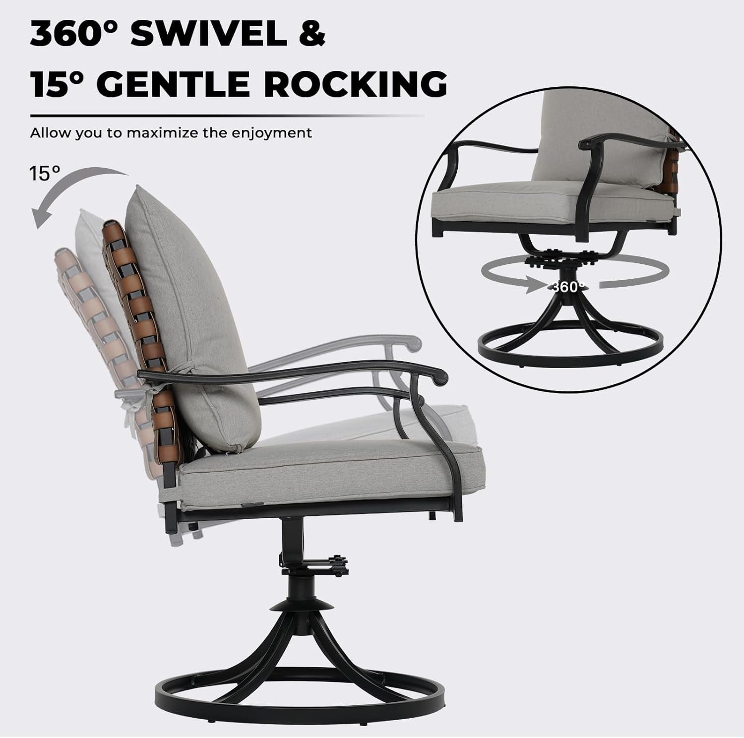 5-Piece Outdoor Dining Set, 4 Leather-Look Wicker Swivel Patio Chairs & 1 Square Woodgrain Dining Table, Brown-2