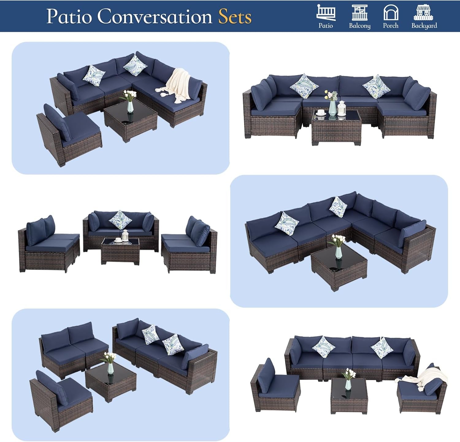7 Pieces Outdoor Patio Furniture Set, Wicker Sectional Sofa Set Rattan Modular Patio Conversation Sets with Cushions Couch Set & Coffee Table for Outside, Garden, Balcony, Porch, Brown-Blue-4