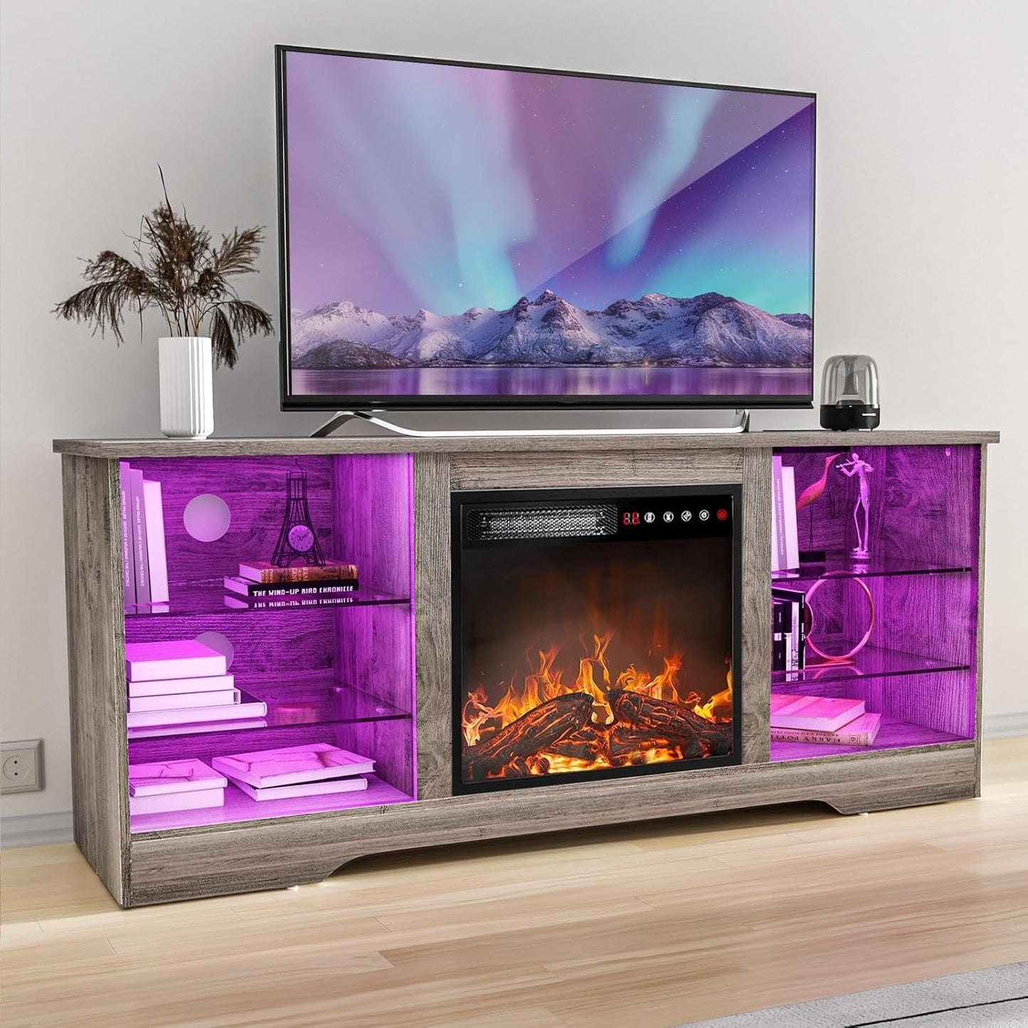 Fireplace TV Stand with 18''Fireplace, Modern Entertainment Center for Tvs up to 68 Inch, Media TV Console with Adjustable Glass Shelves and Storage Cabinets(Gray)-0