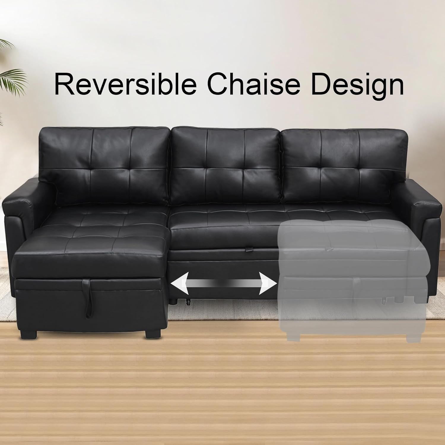 Transform Any Space: Sleeper Sectional Sofa with Convertible Sofa Bed & Inviting Chaise. Find Tranquil Comfort with Stress-Relieving Design & Durable Cushions - Black/Air Leather-3