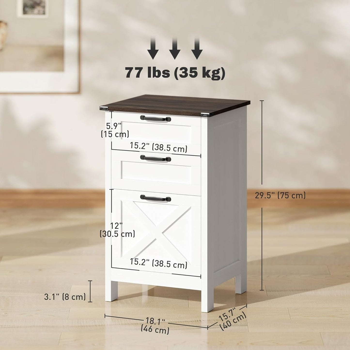 3 Drawer File Cabinet with Silent Slides, Vertical Filing Cabinet for Hanging A4/Letter Size, Rustic Farmhouse Printer Stand with Storage for Home Office, Distressed White-2
