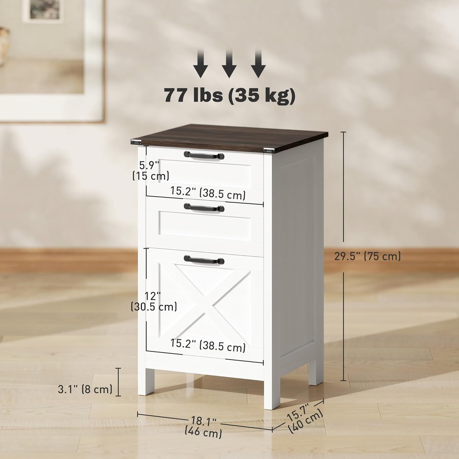 3 Drawer File Cabinet with Silent Slides, Vertical Filing Cabinet for Hanging A4/Letter Size, Rustic Farmhouse Printer Stand with Storage for Home Office, Distressed White-2