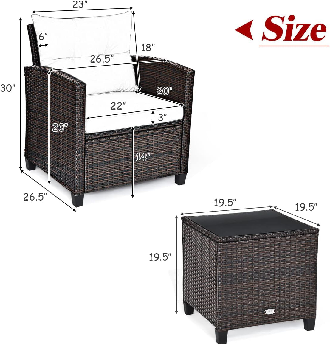 3 Pieces Patio Furniture Set, PE Rattan Wicker 3 Pcs Outdoor Sofa Set W/Washable Cushion and Tempered Glass Tabletop, Conversation Furniture for Garden Poolside Balcony (White)-3