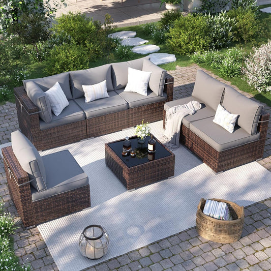 Patio Furniture Set, 7-Piece Outdoor Sectional with Waterproof Cover, All-Weather Wicker Patio Conversation Sets for Backyard (Brown with Grey Cushion)-1