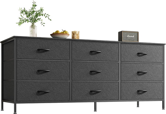 9 Drawer Dresser, 55 Inch Dresser TV Stand for 55, 60 Inch TV, Entertainment Center with Drawers, Large Storage Fabric Dresser for Bedroom, Closet, Black-0