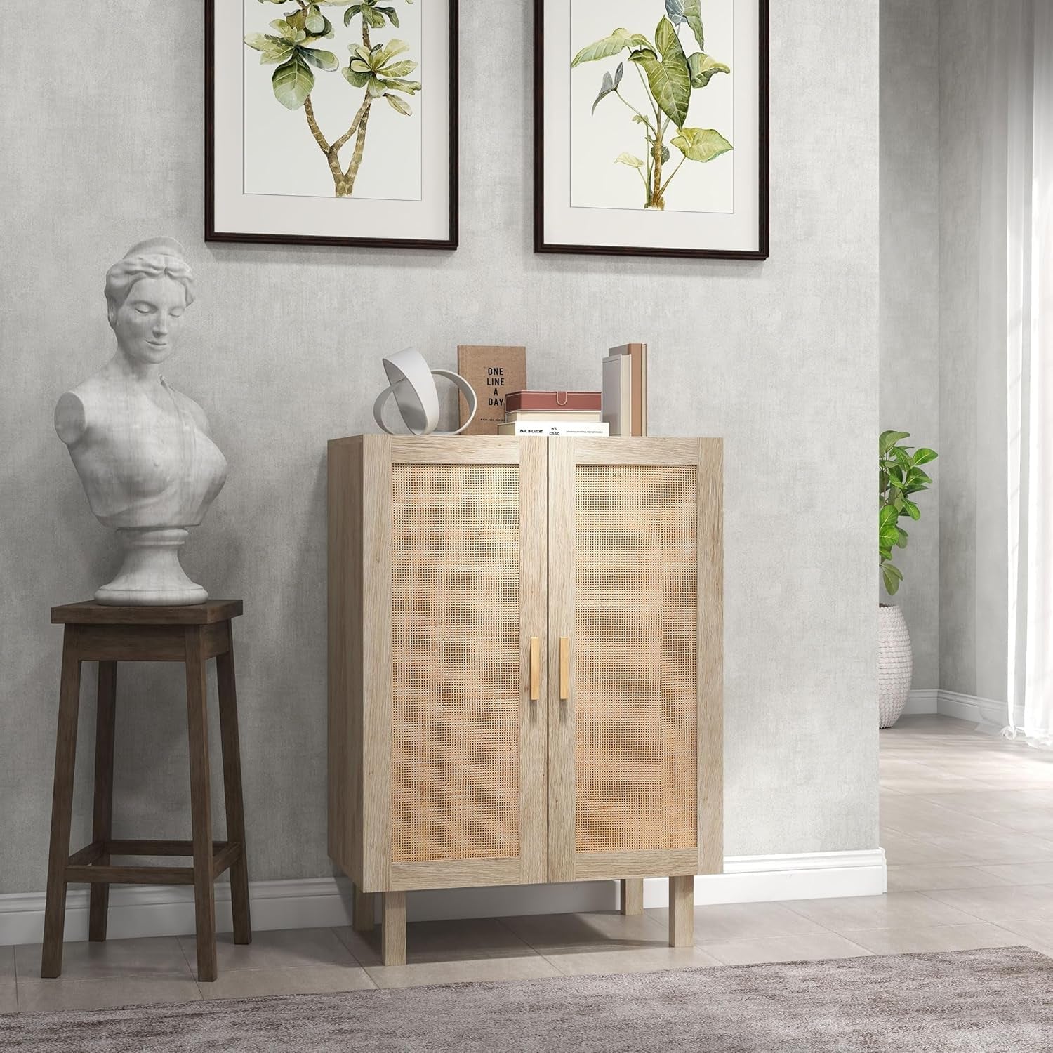 Sideboard Buffet Cabinet, Kitchen Cabinet, Coffee Bar Cabinet with 2 Rattan Doors and Adjustable Shelves, Natural-1