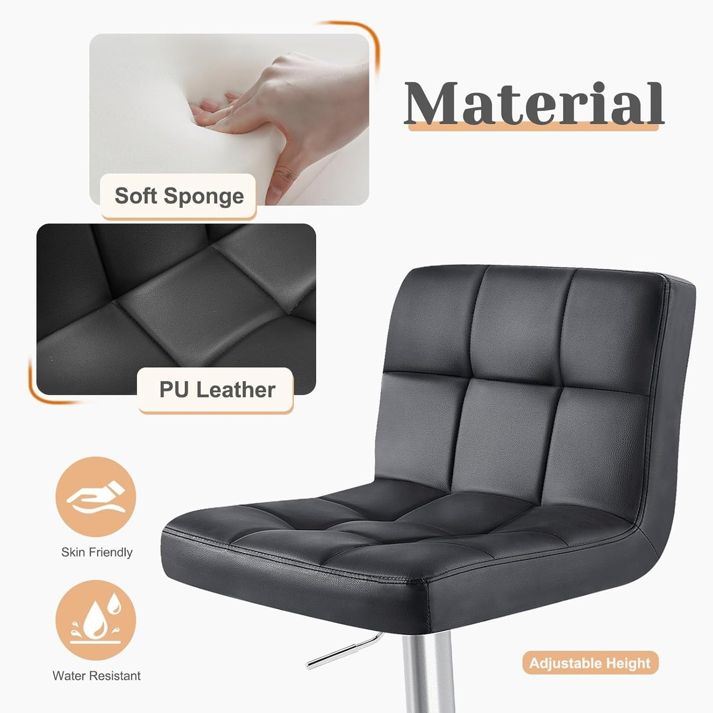 Bar Stools Set of 4, PU Leather Adjustable Swivel Barstools, Armless Hydraulic Kitchen Counter Height Bar Stools, Thickened Seat Cushion Square Island Barstools with Back, Black-4
