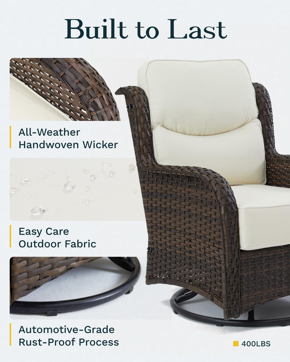 High Back Outdoor Furniture with Extra Thick Cushion Patio Swivel Rocking Chairs, 3PCS Oversized Comfort Wicker Conversation Set for Porch, Deck, Yard in Cream White-4