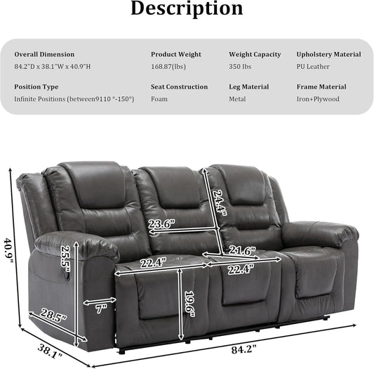 Leather Reclining Sofa Set,Home Theater Seating with Center Console,Flipped Middle Backrest,3 Seater for Living Room,Office,Home Theater,Rv (Grey)-1