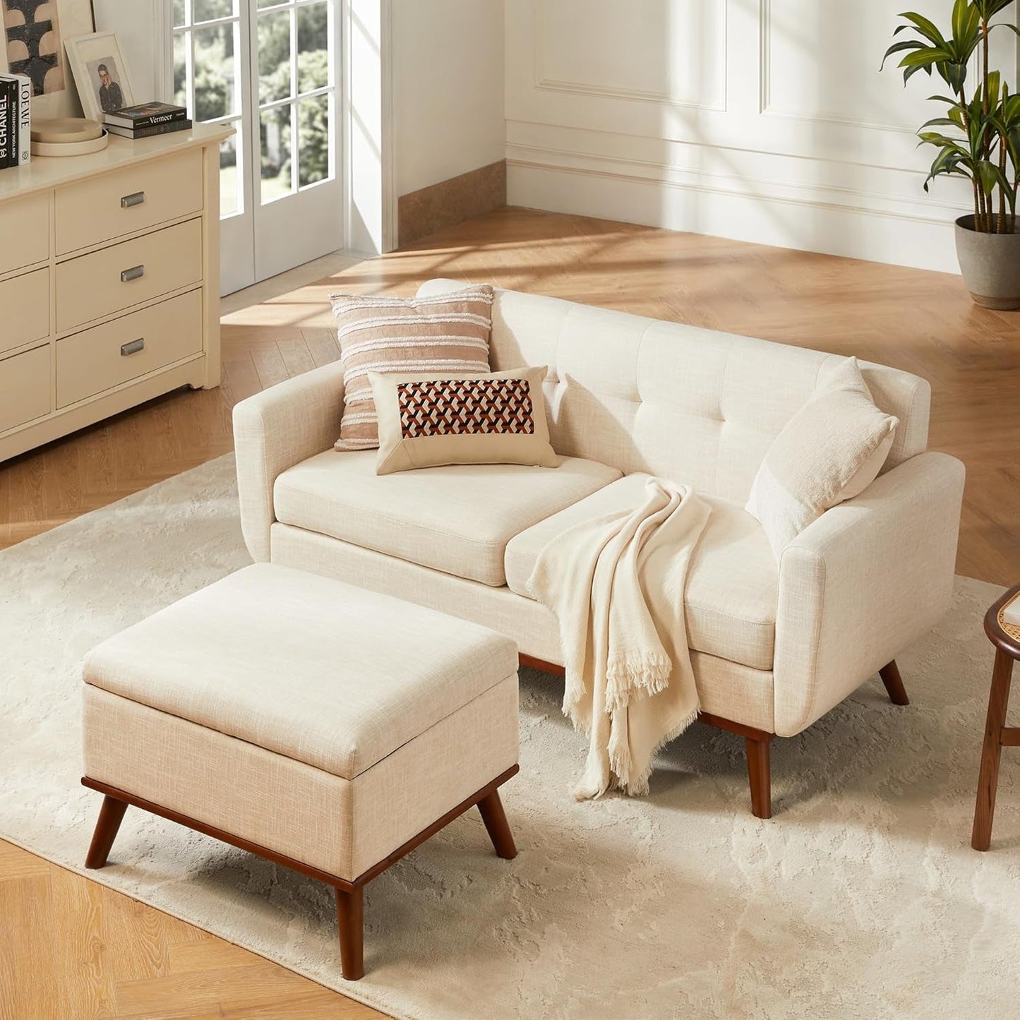 65" W Loveseat Sofa with Ottoman Coffee Table, Mid Century Modern Decor Love Seat Couches and Ottoman with Storage for Living Room, Button Tufted Upholstered Love Seats Furniture Set, Beige-0