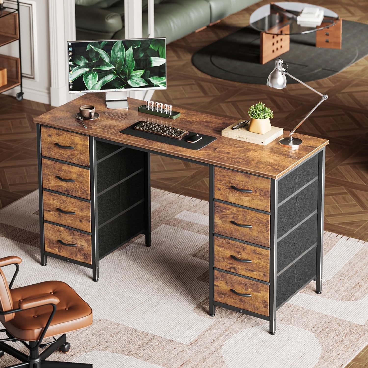 47" Rustic Brown Computer Desk with 8 Drawers-2