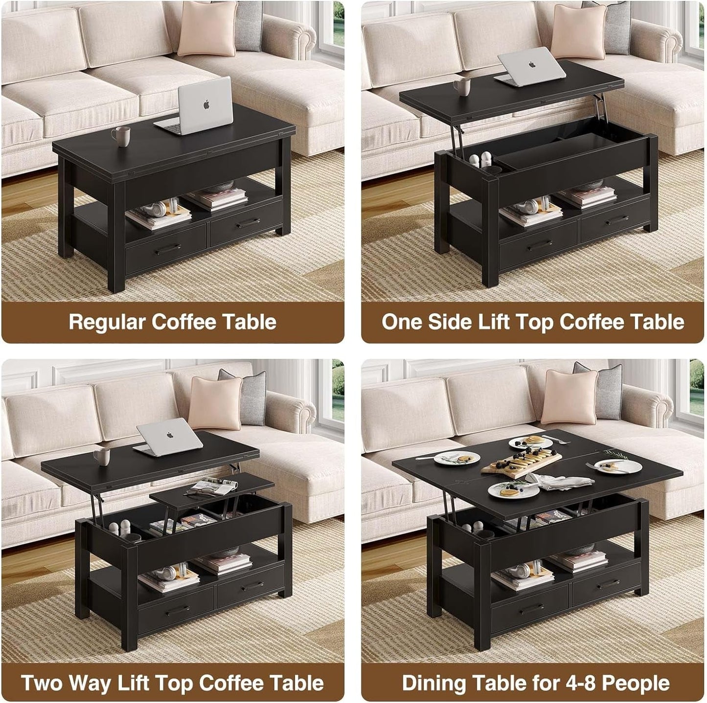 Coffee Table Lift Top, Multi-Function Convertible Coffee Table with Drawers and Hidden Compartment, Coffee Table Converts to Dining Table for Living Room, Home Office,Black-4