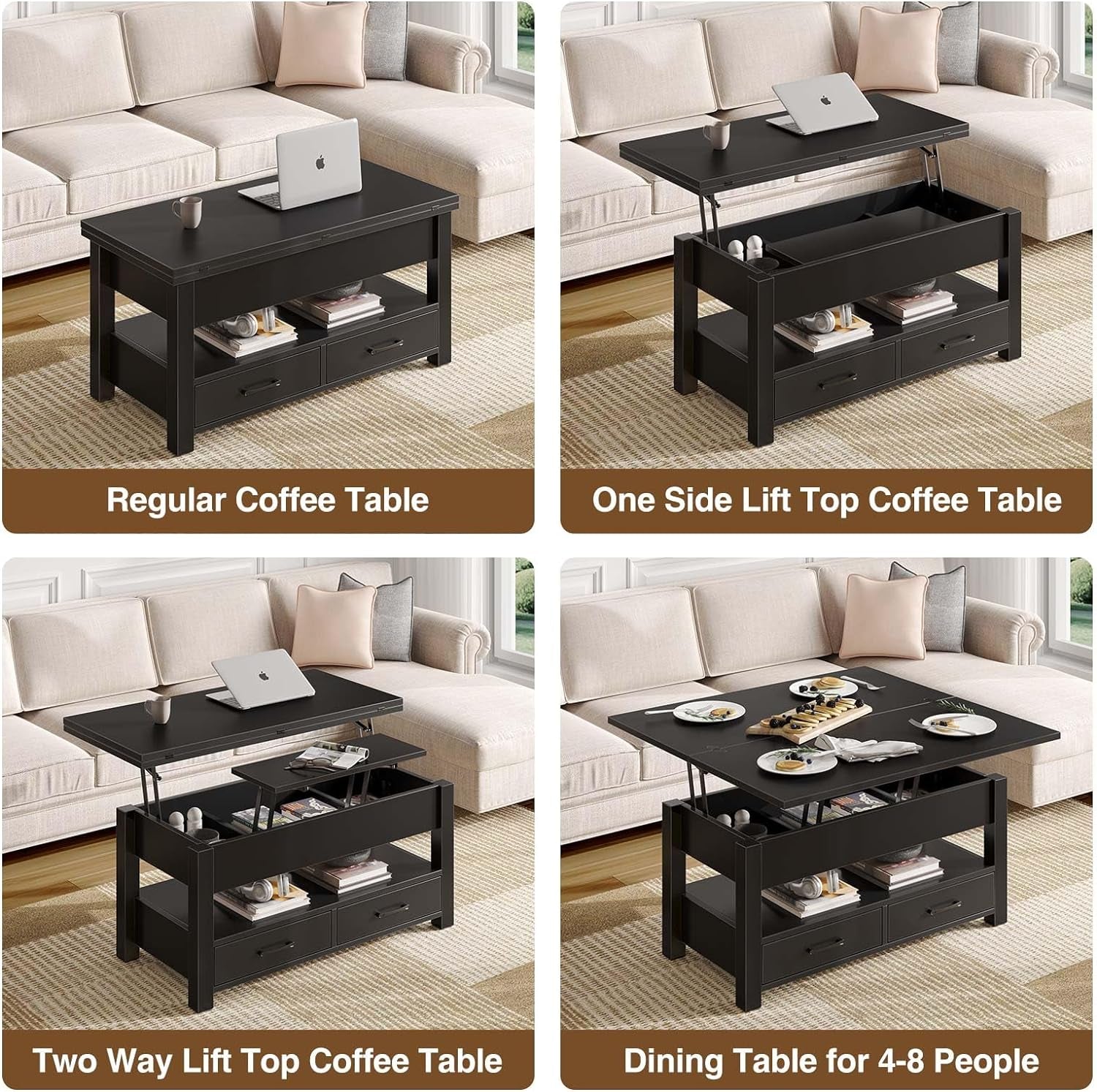 Coffee Table Lift Top, Multi-Function Convertible Coffee Table with Drawers and Hidden Compartment, Coffee Table Converts to Dining Table for Living Room, Home Office,Black-4