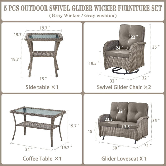 5 Piece Outdoor Patio Furniture Set with Deep Seating Swivel Rocker Chairs Loveseat and Rattan Coffee Table Outdoor Conversation Sets for Deck Backyard Poolside,Gray Wicker Gray Cushion-1