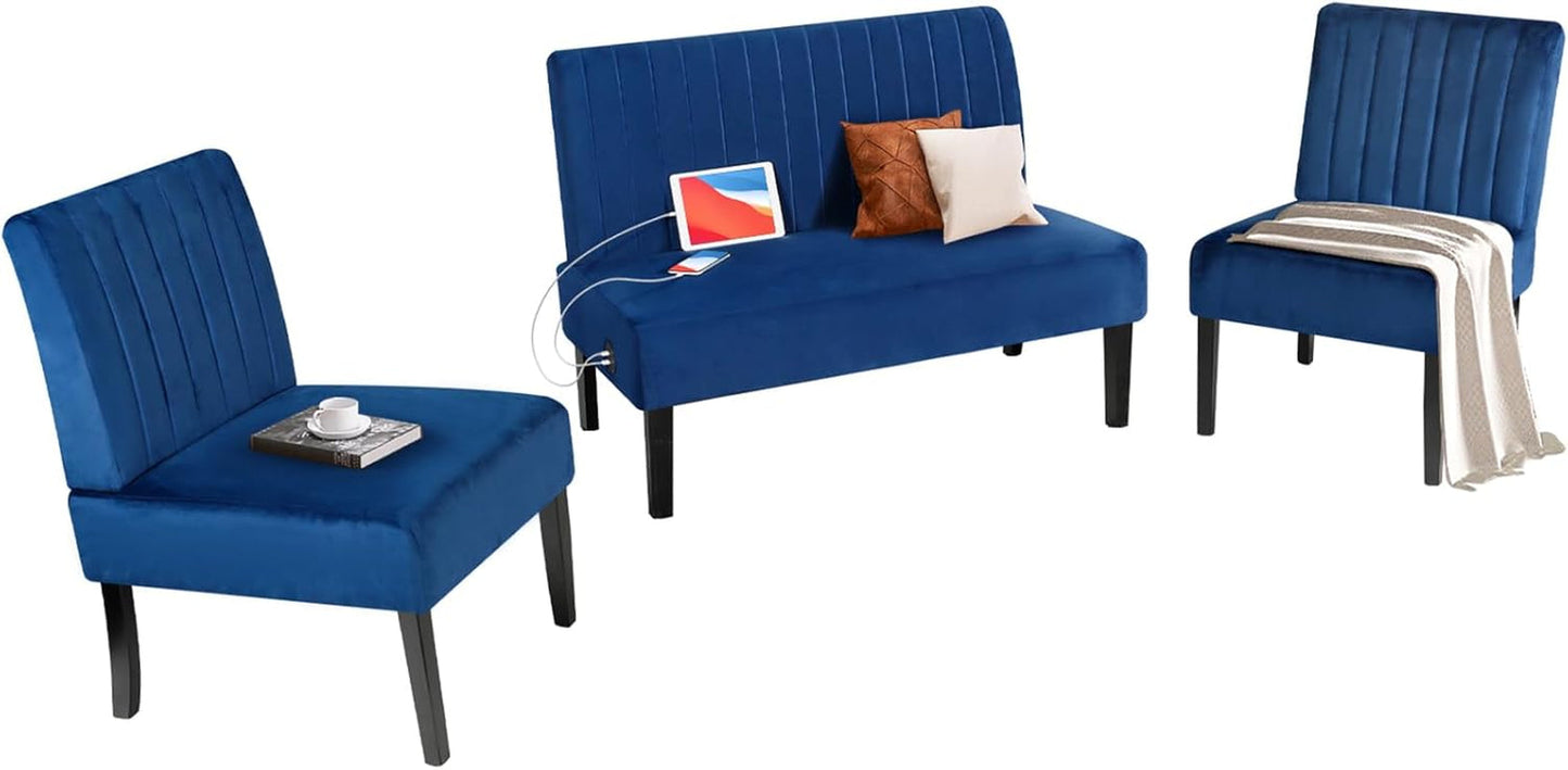 3 Piece Living Room Furniture Set with USB, Mini Small Comfy Couch for Bedroom, Accent Chairs and Loveseat Sofa Couch Set, Small Couch for Small Space, Apartment (Blue Velvet, 1+1+2(Armless))-0