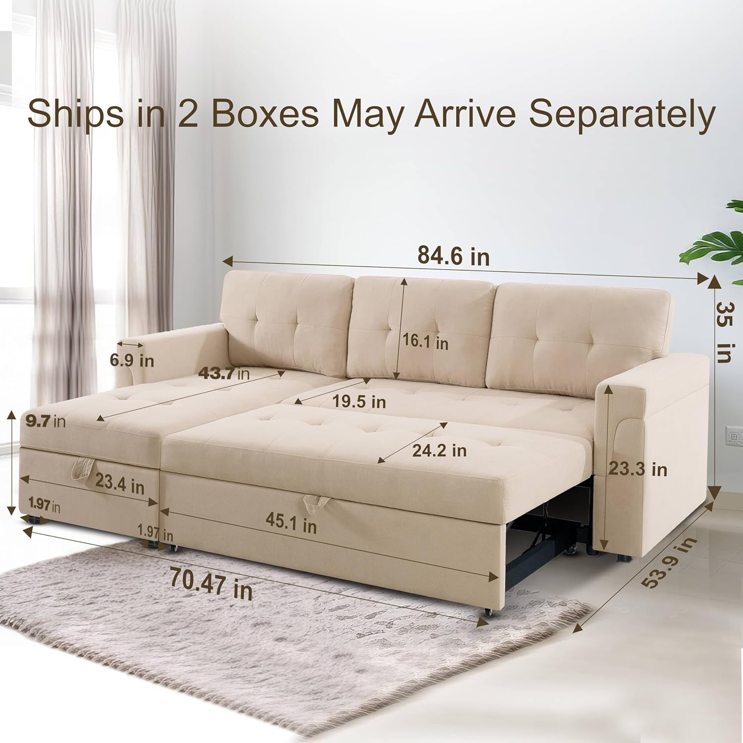 Transform Any Space: Sleeper Sectional Sofa with Convertible Sofa Bed & Inviting Chaise. Find Tranquil Comfort with Stress-Relieving Design & Durable Cushions - Beige/Velvet-2