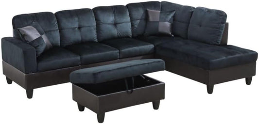 L-Shaped 3-Piece Lint and PVC Sofa with Storage Ottoman Set, Sectional Couch Sofa Set for Living Room, Office, Small Space, Dark Blue and Brown-0