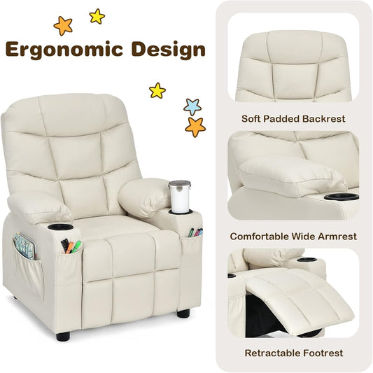 Kids Recliner Chair with Cup Holder, Adjustable Lounge Chair W/Footrest & Side Pockets for Children Boys Girls Room, Ergonomic Toddler Furniture Sofa, Kids Recliner (Beige)-1