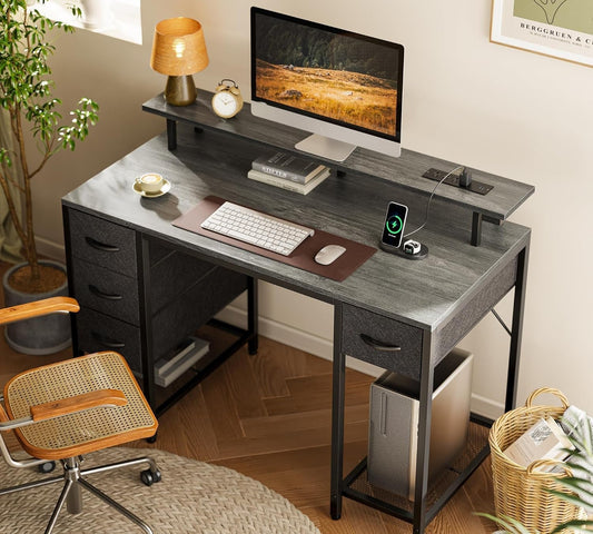 47 Inch Computer Desk with 4 Drawers, Gaming Desk with LED Lights & Power Outlets, Home Office Desk with Large Storage Space for Bedroom, Work from Home, Grey-1