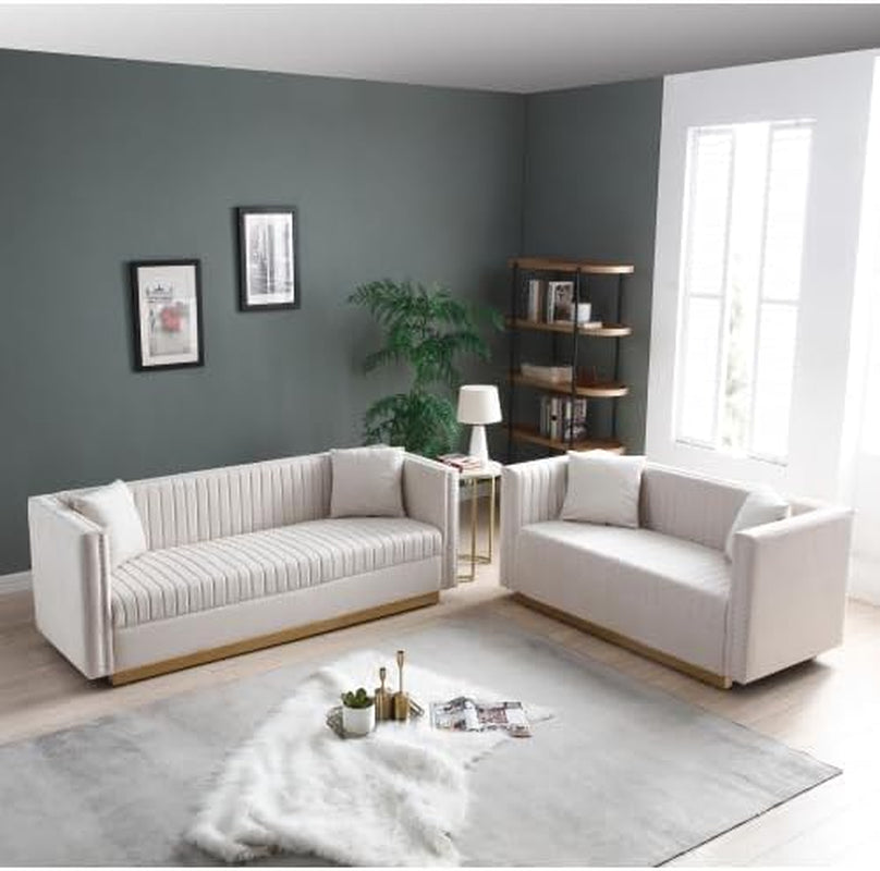 Velvet Sofa Set Luxury Couch Set Living Room Couches and Loveseat Sets Modern Sofa Couch Set L Shaped Couches with Gold Metal Legs and Nailhead for Living Room, Apartment and Office-0