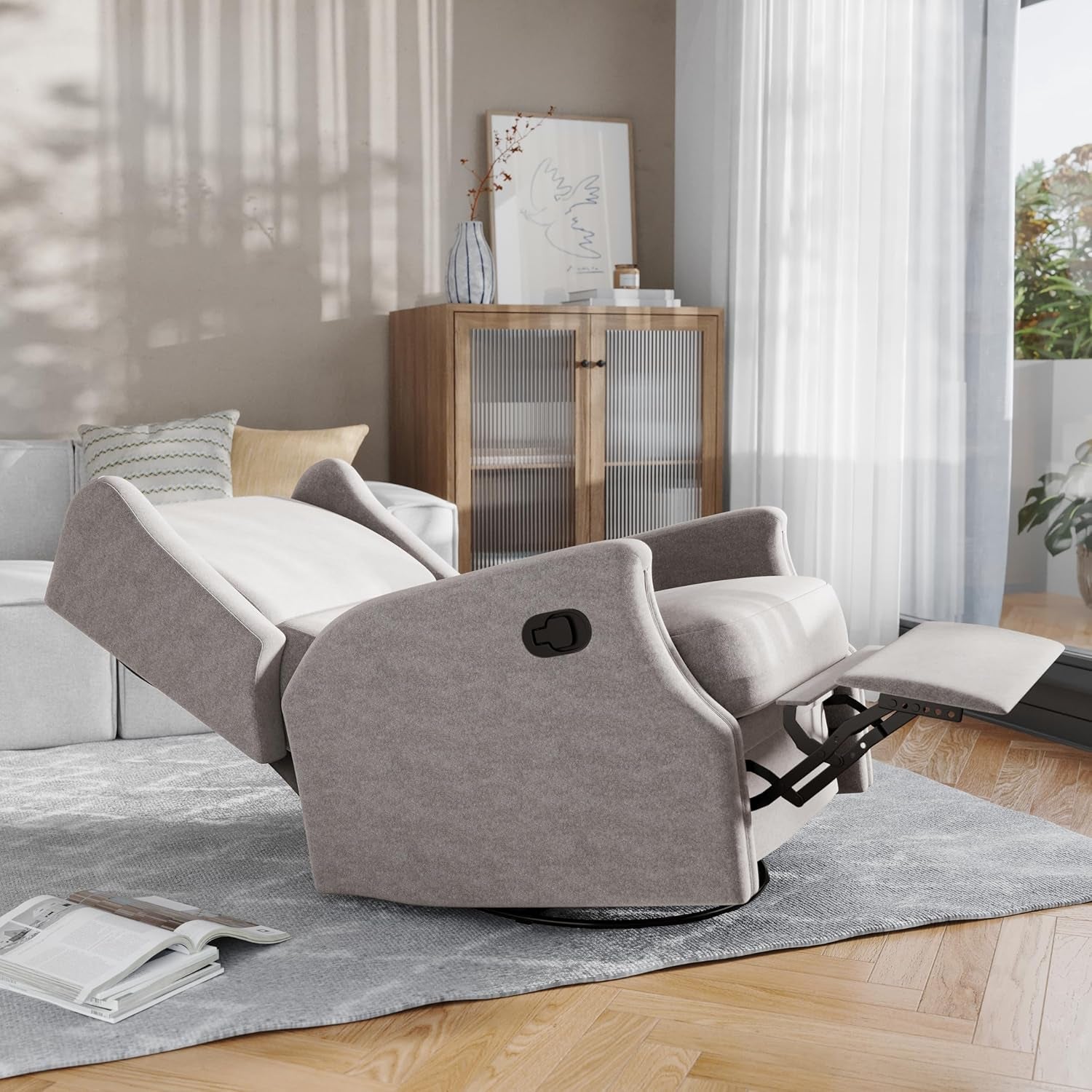 Omma Swivel Glider Rocking Recliner, Manual Wingback Recliner with 360 Degree Swivel, for Living Room, Bedroom, or Nursery, Upholstered, Light Gray-4