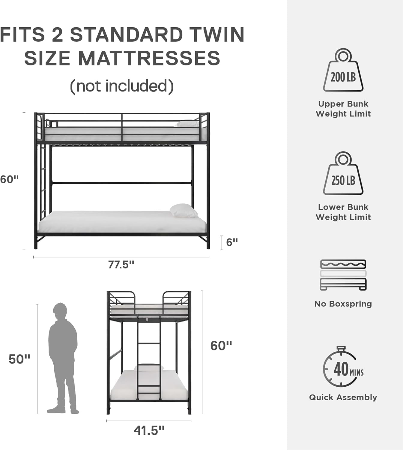Daven Easy Assembly Metal Bunk Bed for Kids, Teens and Adults, with Ladder, High Guardrail, Metal Slats, Smooth Rounded Edges, No Boxspring Required, Twin-Over-Twin, Black-1
