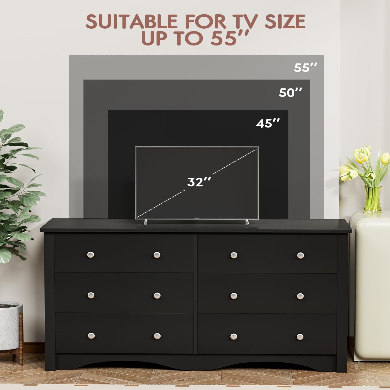 Dresser with 6 Drawer, Wood Wide Chest Storage Organizer and TV Stand for Living Room, Hallway, Dormitory, Black-2