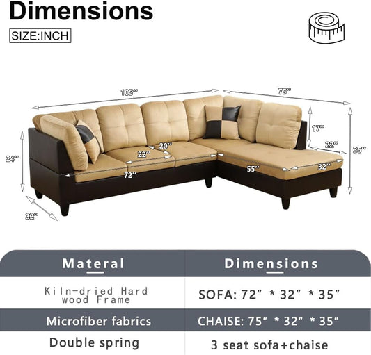 2 Pieces Sectional Sofa Sets, L-Shape Sofa Microfiber Couch Living Room Sofa Set with Chaise Using for Living Room Furniture(A-Beige, Right Hand Facing)-1