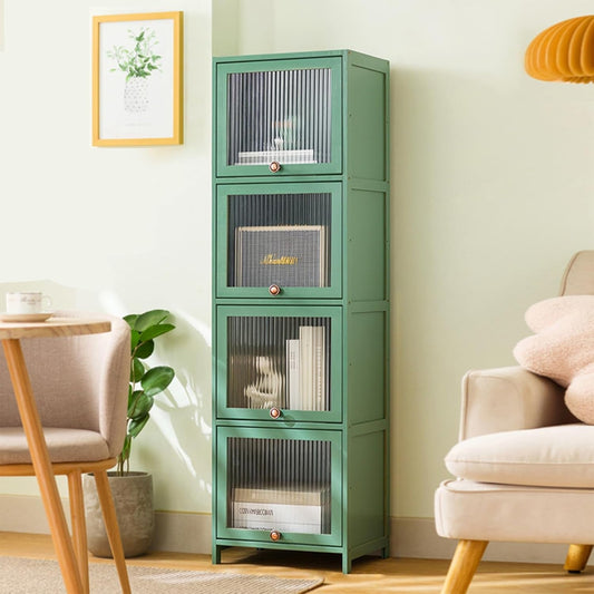 Bookcase with Clear Doors, 4-Tier Tall Bookshelf with Storage Cabinet, Bamboo Book Shelf and 4 Cube Organizer Book Case for Living Room, Freestanding Storage Cabinet (4-Tier Green)-0