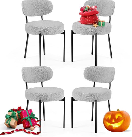 Dining Chairs Set of 4, Boucle Upholstered Kitchen Chairs with Curved Backrest & Metal Legs, Mid Century Modern round Dining Room Chairs for Vanity, Living Room - Grey-0