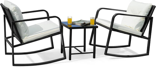 Patio Chairs 3 Piece Wicker Rocking Chair Outdoor Bistro Sets with Coffee Table and Cushions Metal Frame Patio Furniture for Porch, Balcony, Lawn (White)-0