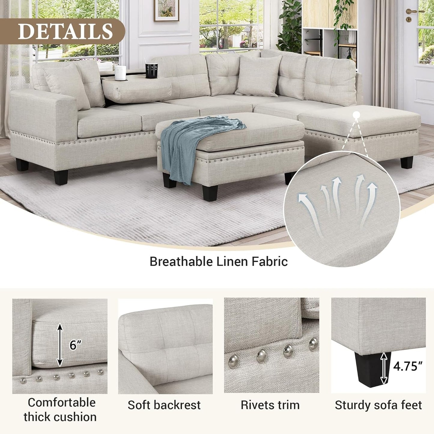 Sectional Sofa Couch with Reversible Chaise and Ottoman, Linen L-Shape Couch with 2 Pillows and Cup Holder, Sectional Sofas for Living Room (Light Gray)-3
