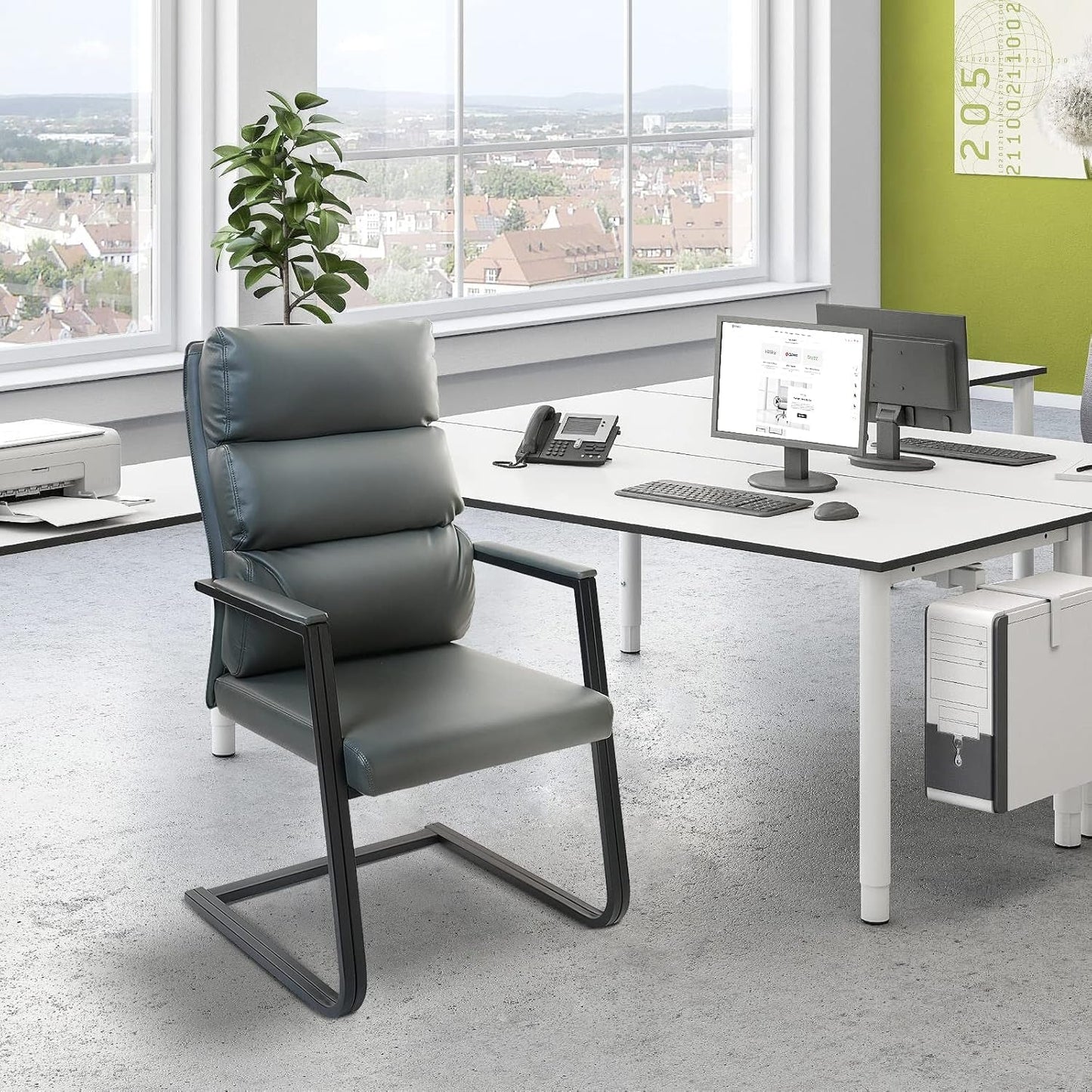 Gray Leather Guest Chairs, Big & Tall, Sled Base, 2-Pack-2