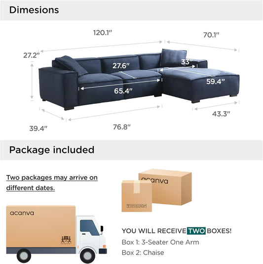 Modern L-Shaped Deep Sectional Sofa Furniture Set for Living Room Lounge, Minimalist Style Comfy Suedette Upholstery Corner Couch with Chaise, Dark Blue-1