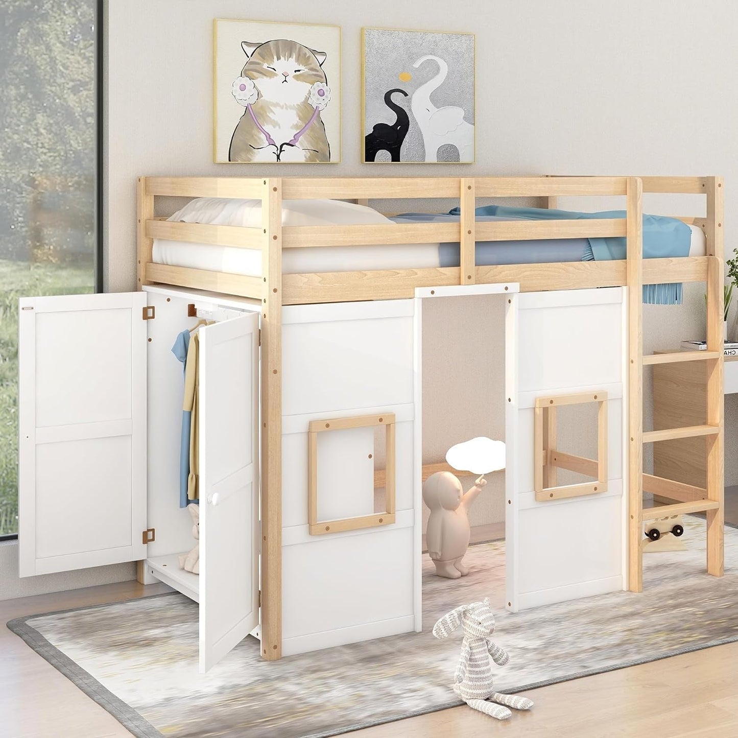 Playhouse Design Twin Size Loft Bed with Built-In Storage Wardrobe and 2 Windows, Solid Wood Loft Bed Frame with Safety Guardrail for Kids Teens Boys Girls, Space-Saving (Whit+Natural)-1