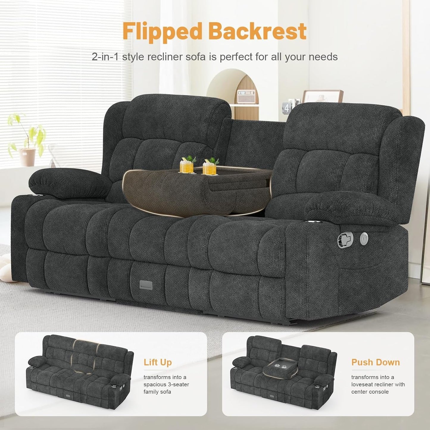 Loveseat Recliner Sofa, Flip Middle Backrest Design 3 Seat Reclining Sofa with Storage Drawer, USB Ports & Cup Holders, Manual Couch for Living Room/Rv (Gray)-3