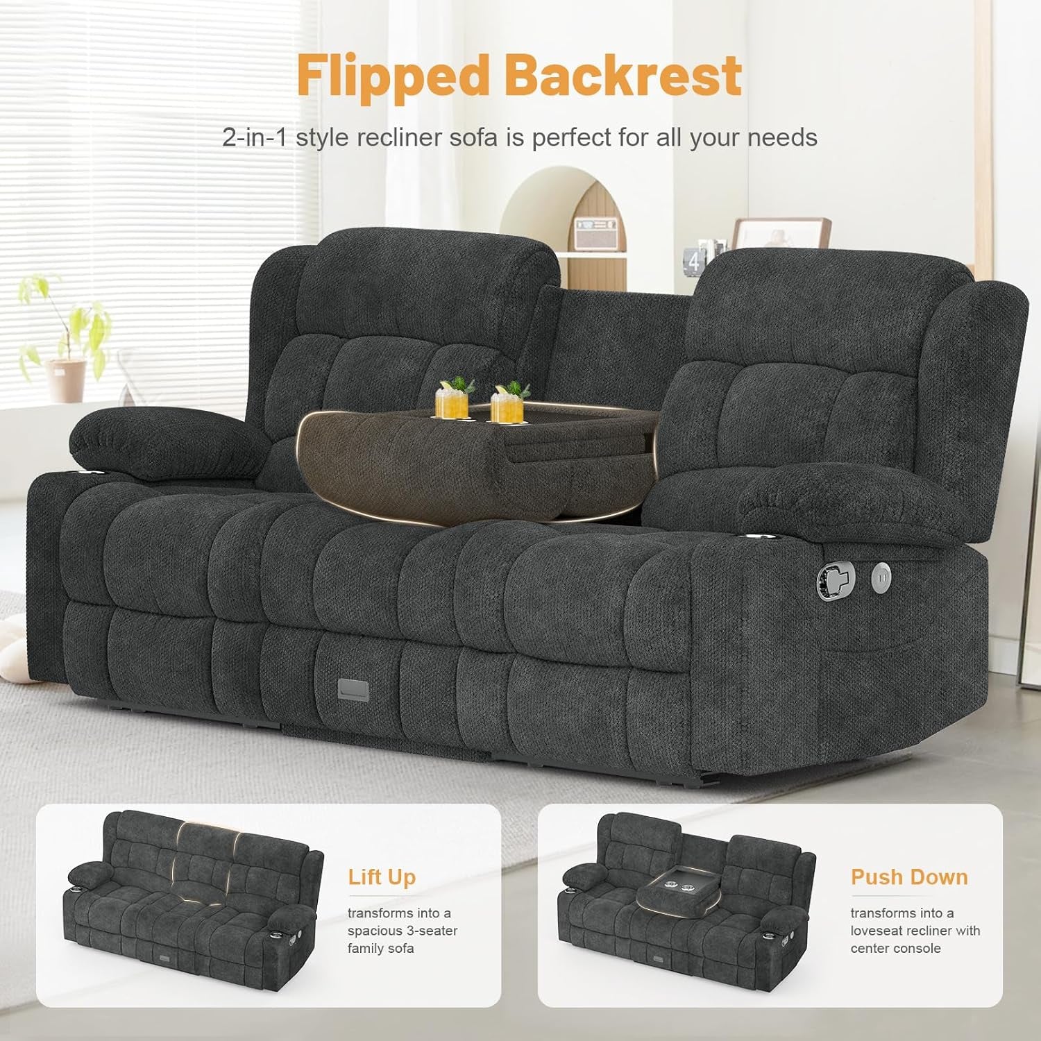 Loveseat Recliner Sofa, Flip Middle Backrest Design 3 Seat Reclining Sofa with Storage Drawer, USB Ports & Cup Holders, Manual Couch for Living Room/Rv (Gray)-3