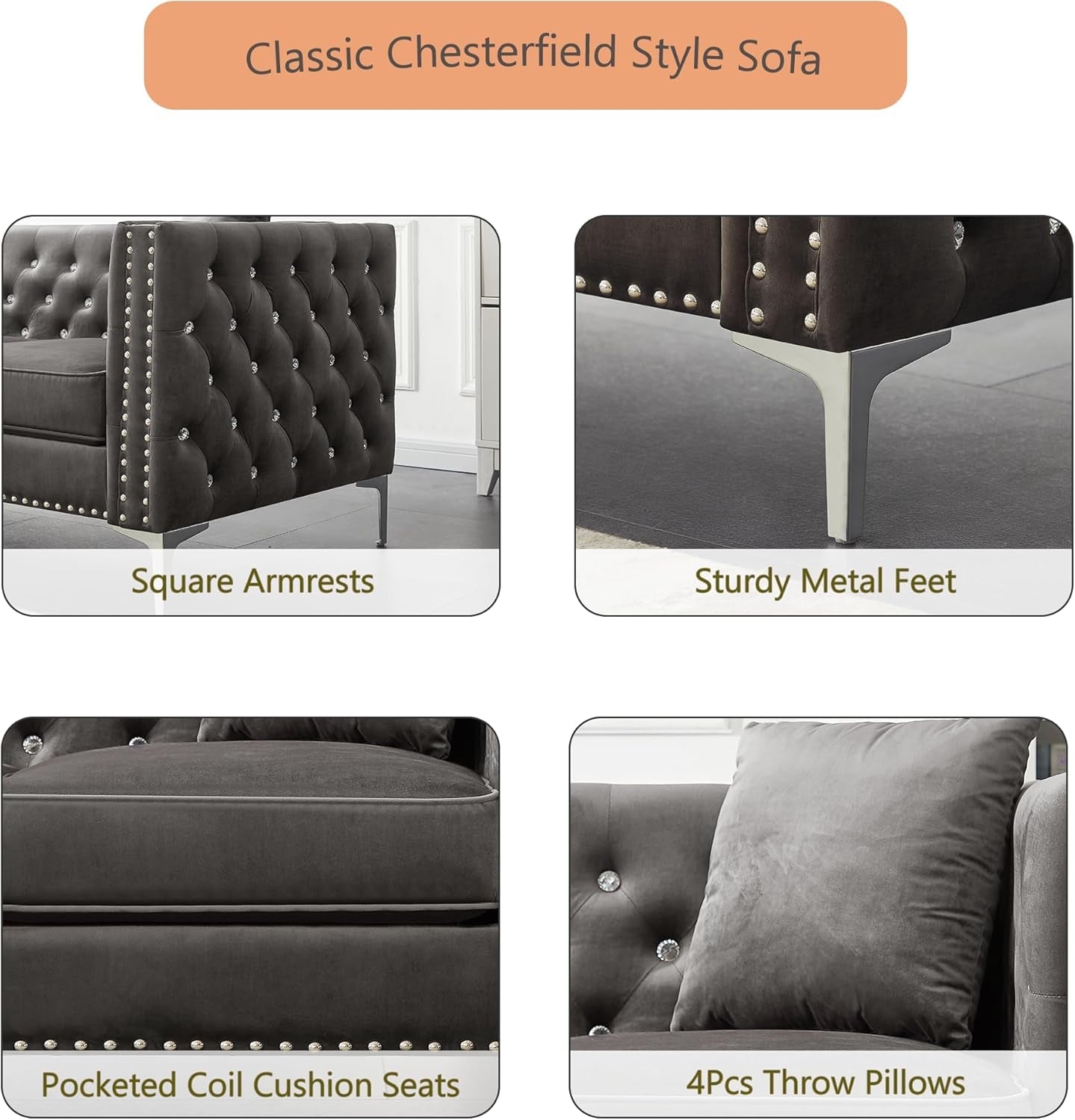 2-Piece Grey Velvet Upholstered Living Room Furniture Set, Including 3-Seater Sofa and Loveseat with Jeweled Buttons, Square Arm, Four Pillows Included for Living Room, Office-2