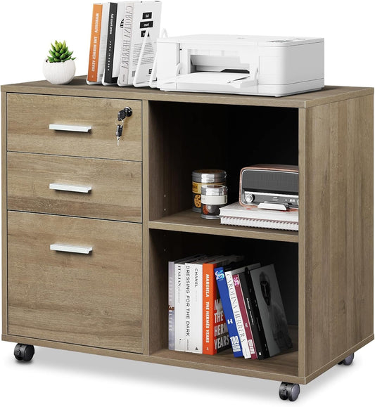 3-Drawer Wood File Cabinet with Lock, Mobile Lateral Filing Cabinet, Printer Stand with Open Storage Shelves for Home Office, Gray Oak-0