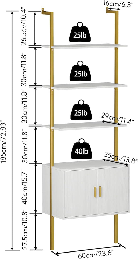 73" Tall Bookshelf with Cabinet, Industrial Ladder Wall Mount Shelf Bookcase with Wood and Metal Frame, Plant Shelf Wall Storage Display for Living Room Bedroom, White Gold-1