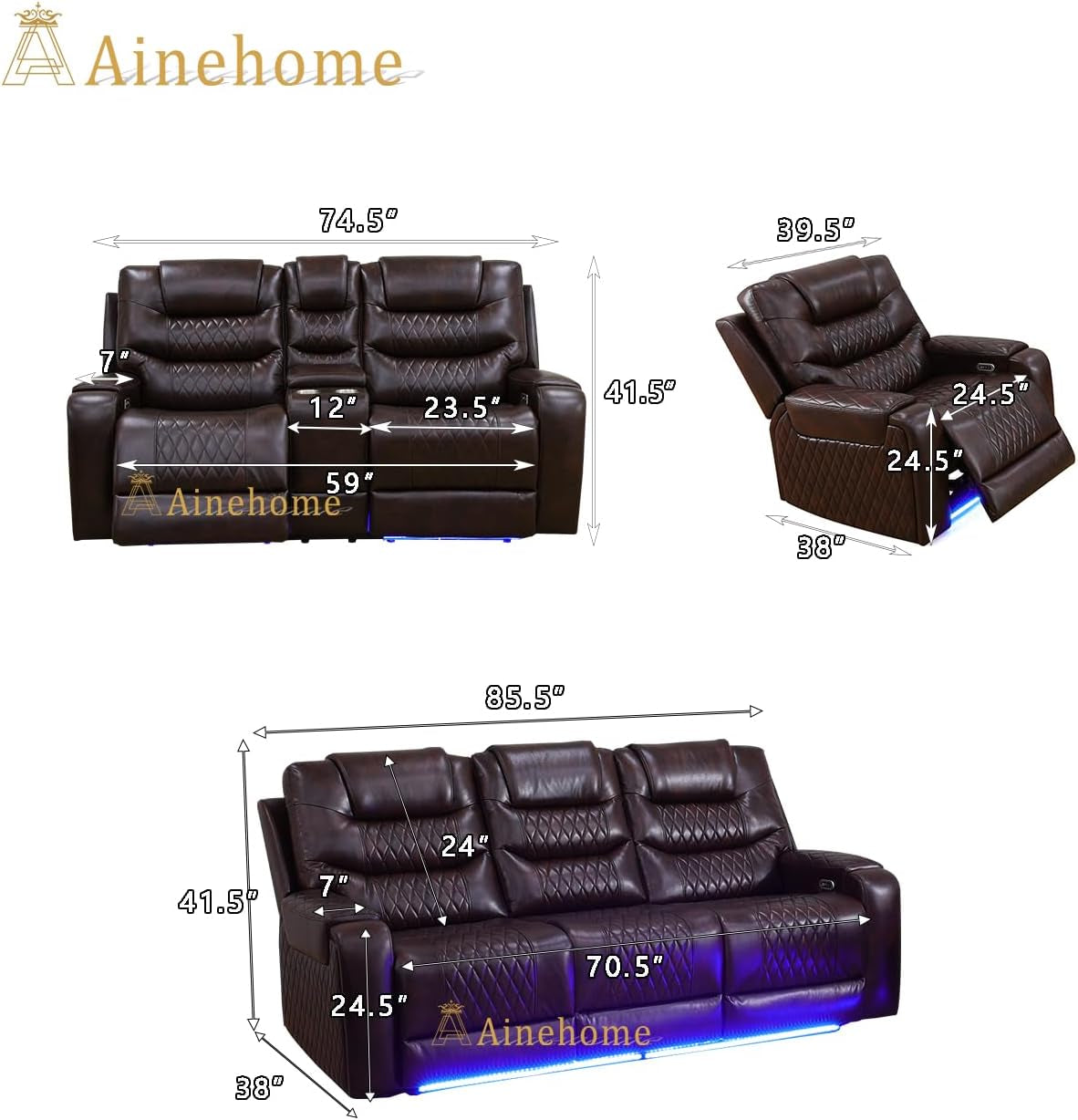 LED Power Recliner Sofa for Living Room Furniture Set, Leather Sectional Sofa Set, Reclining Sofa and Loveseat with USB Port/Storage Console/Cup Holders(Dark Brown 3-Piece Set)-1