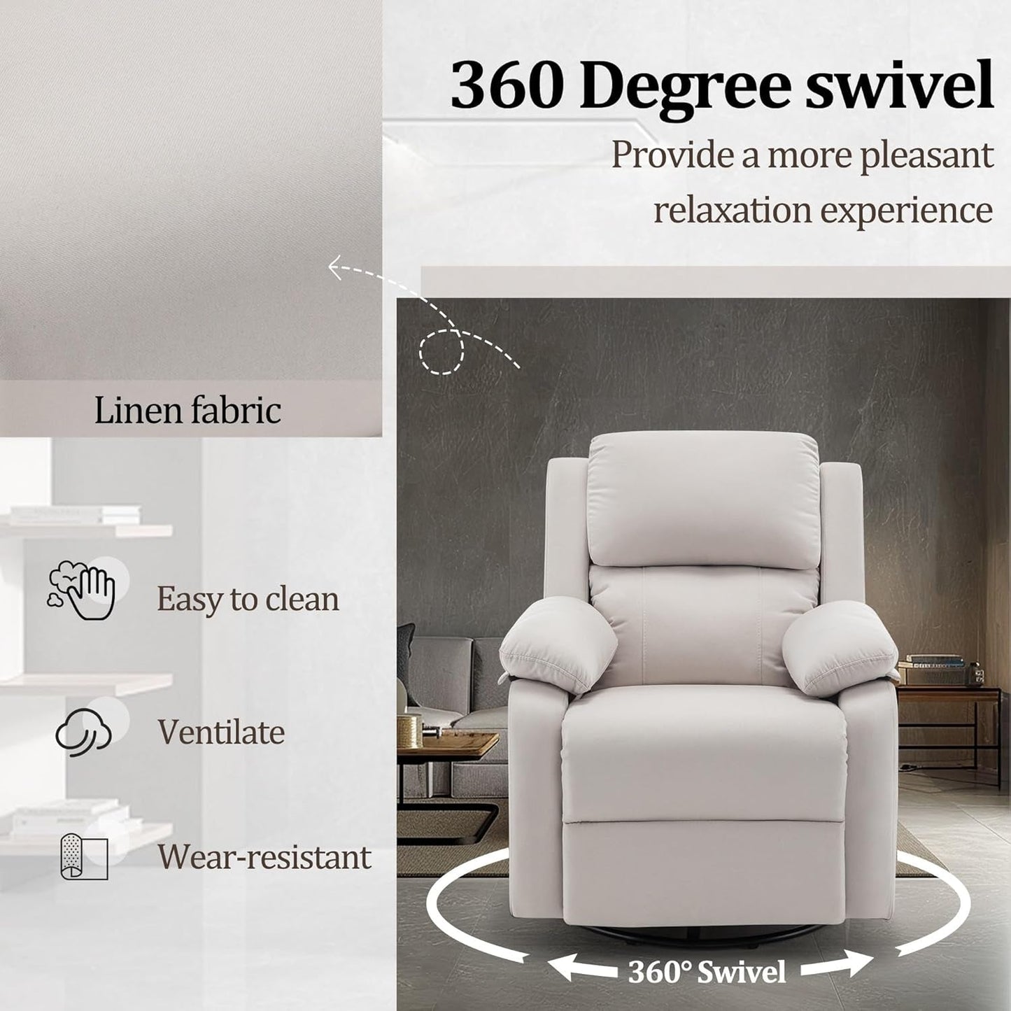 Recliner Chair, 360 Swivel Rocker Chair for Adults, Small Rocking Recliner Chair for Small Spaces, Upholstered Fabric Glider Recliner Nursery Chair with Side Pockets for Living Room, White-4