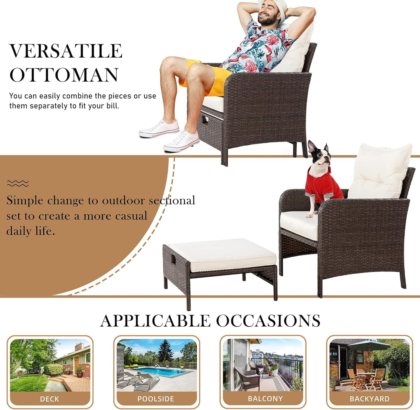 5 Pieces Outdoor Wicker Patio Furniture Set,All Weather PE Rattan Conversation Set with Cushioned Patio Lounge Chairs, Ottoman underneath Set, Table for Lawn, Pool, Balcony-2