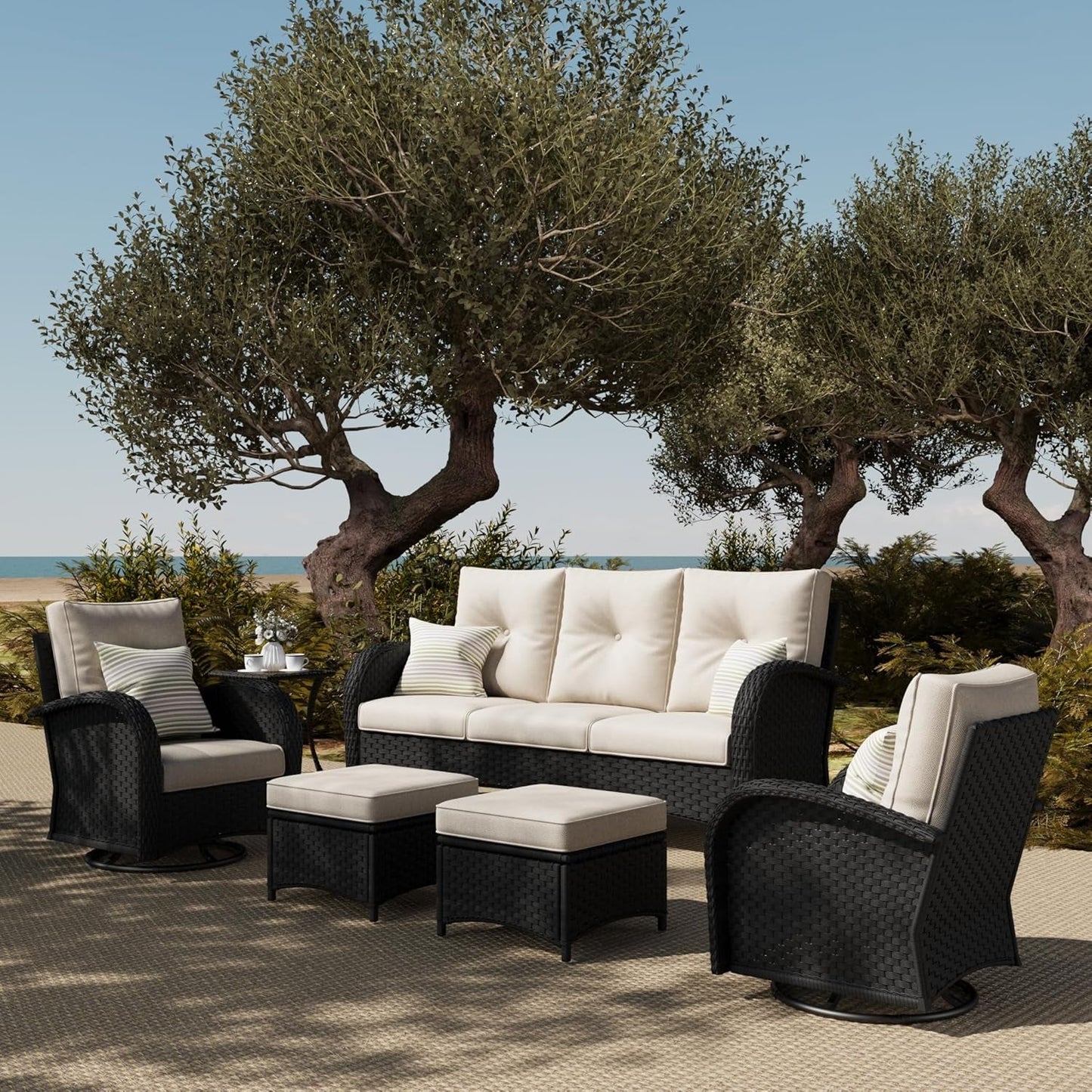 6 Pieces Outdoor Patio Furniture Set, Rattan Wicker Sectional Swivel Rocker Chairs Sets-0