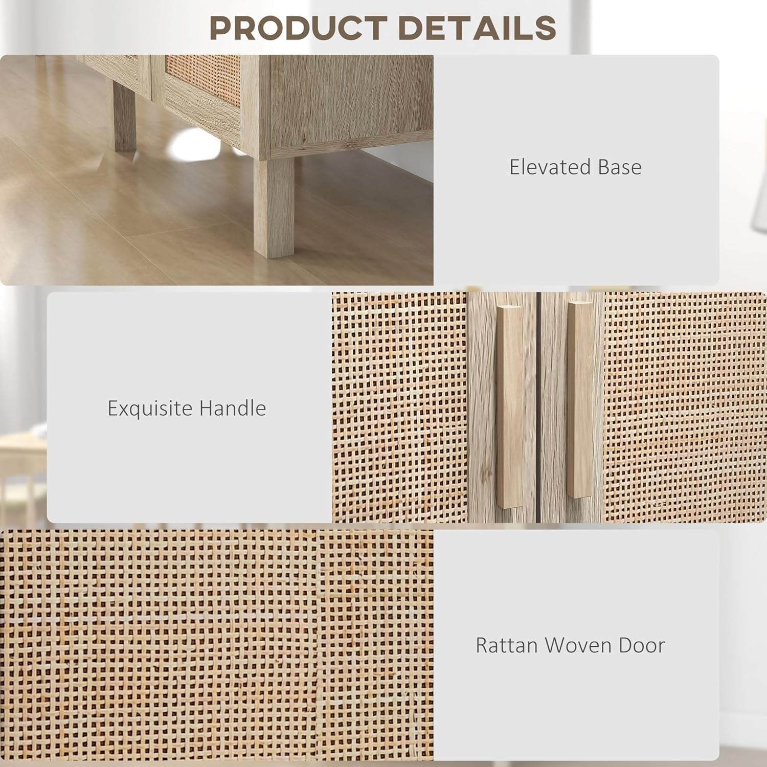 Sideboard Buffet Cabinet, Kitchen Cabinet, Coffee Bar Cabinet with 3 Rattan Doors and Adjustable Shelves, White and Natural-4