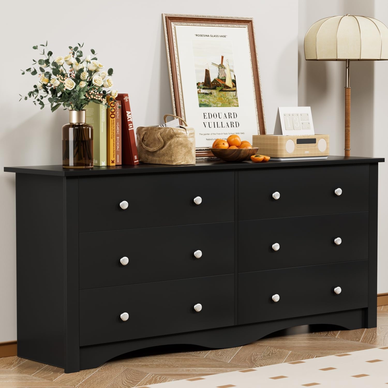 Dresser with 6 Drawer, Wood Wide Chest Storage Organizer and TV Stand for Living Room, Hallway, Dormitory, Black-0